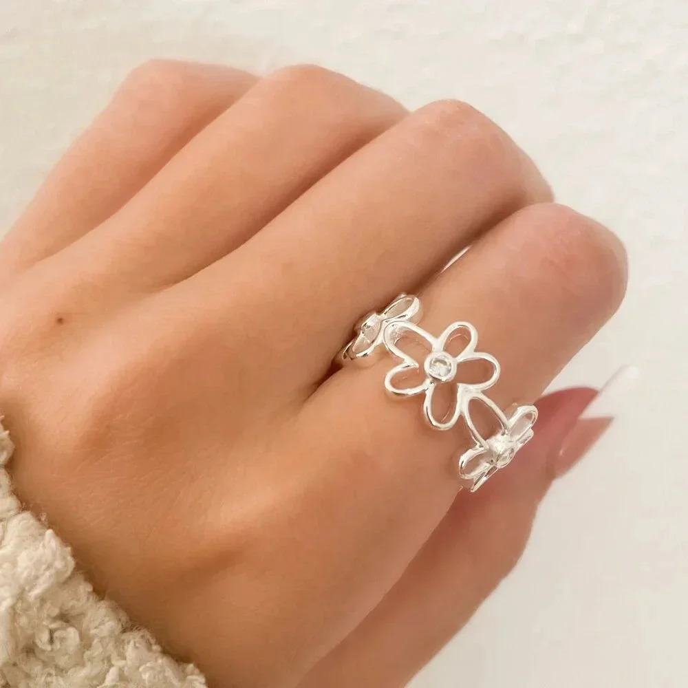 925 Sterling Silver Flower Ring Minimalist Ring Wide Ring Flower Cutout Ring